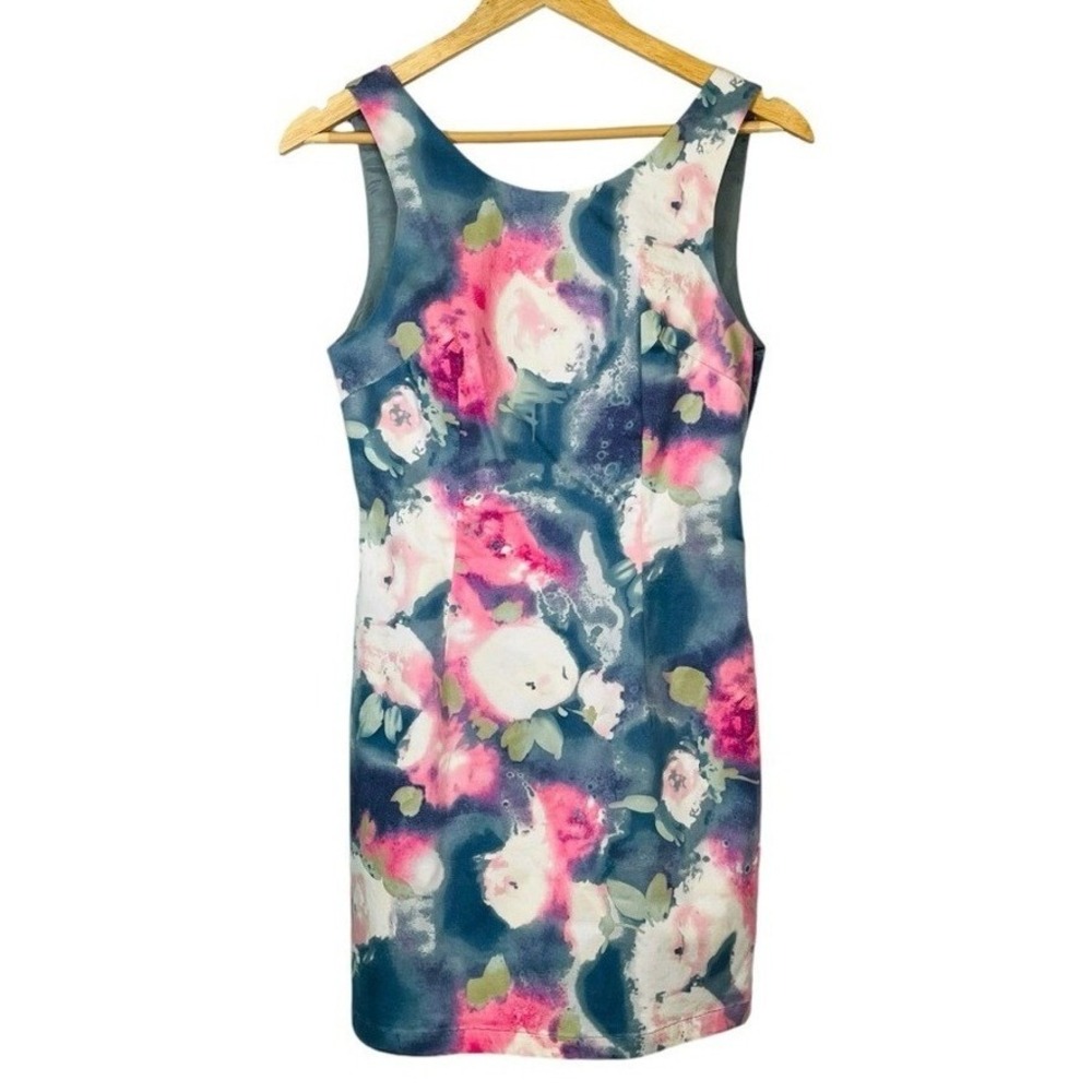 Bluejuice Floral Dress Small Watercolor Sleeveless Bodycon V-Back‎ Mini Strappy